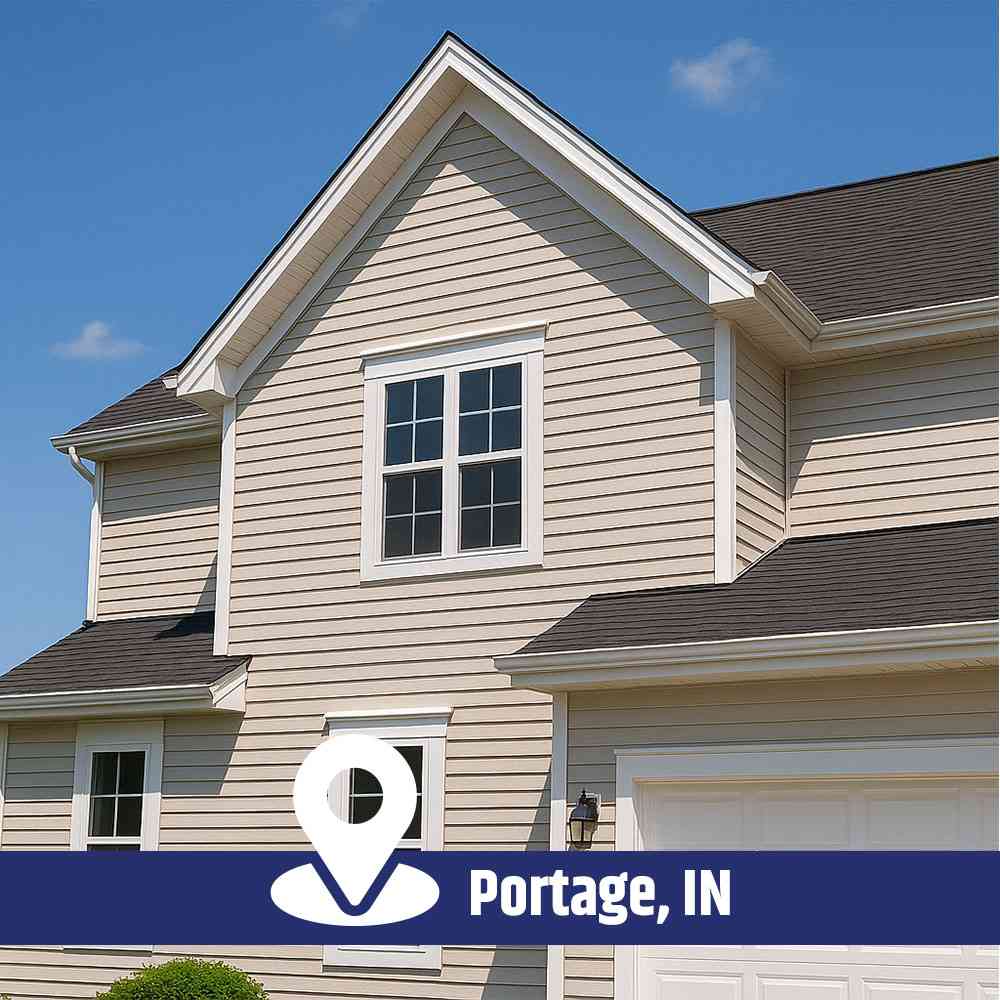 a house with a garage and a sign - Siding Contractors Portage IN