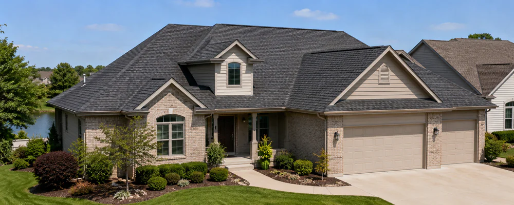 What color roof increases home value — neutral charcoal architectural shingles on a Northwest Indiana home