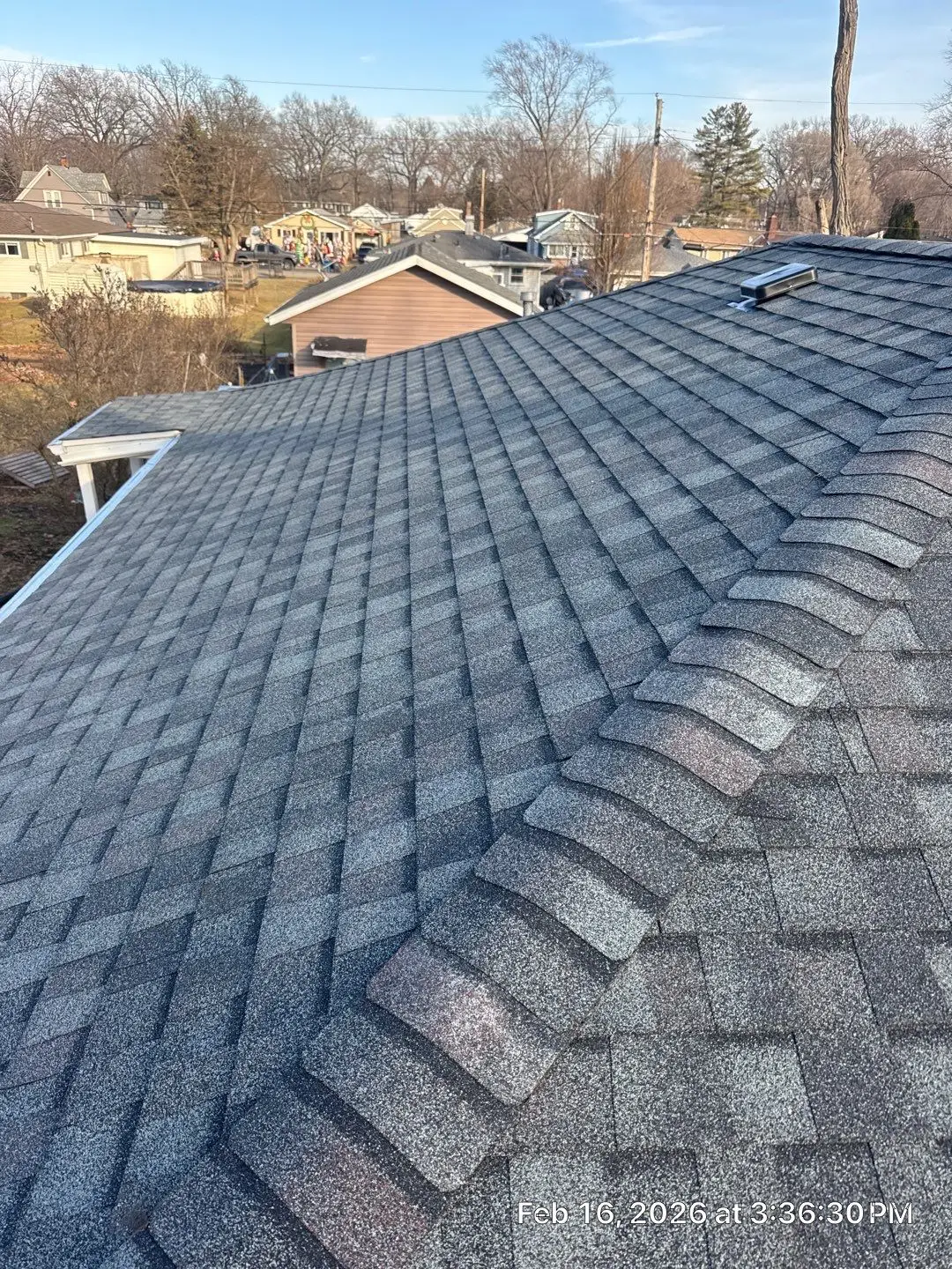 Roof view of Lake Station CertainTeed Landmark roof replacement