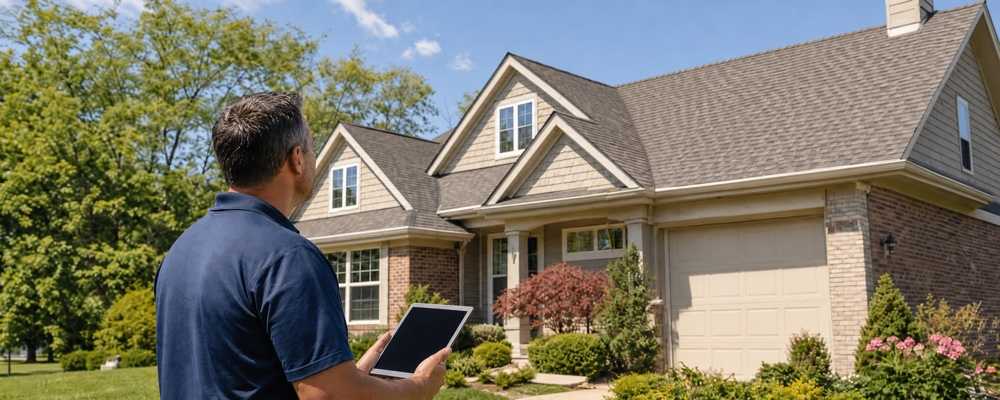 Homeowner with a tablet viewing a finished gray shingle roof while researching how much does roof replacement cost in Northwest Indiana.