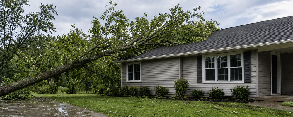 Tree leaning against a house after high winds, illustrating Northwest Indiana storm damage repair