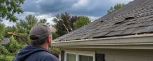 Homeowner checking shingles after severe weather while asking How can I tell if my roof has storm damage.