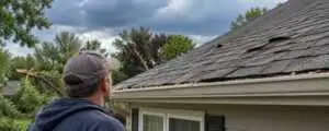 Homeowner checking shingles after severe weather while asking How can I tell if my roof has storm damage.