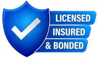Blue badge with a checkmark that says License, Bonded, Insured